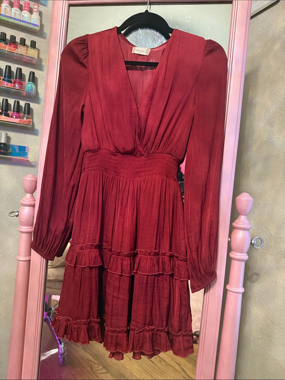Altar'd State Deep Burgundy Long Sleeve Tiered Ruffle Dress